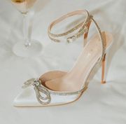 Ivory Satin Rhinestone Ankle Strap Pointed Toe Pump