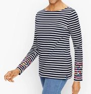 Talbots embroidered boat neck tee navy and white stripe size small petite