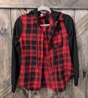 No Boundaries Hooded Button-Down Buffalo Plaid Flannel