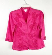 CHARTER CLUB Fuchsia Pink 100% Linen Front Button Embroidered Floral Print Top