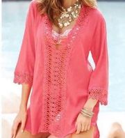 La Blanca Coral Pink Bathing Swim Beach Crochet Bohemian Coverup Tunic Size M