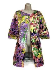 Elie Tahari floral jacket coat multicolor yellow purple snap front duster M C14