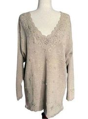 Vintage Hand Knit Sweater V-Neck Floral Embroidered NEW Tan Oatmeal Medium