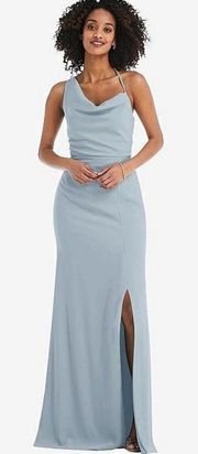 NWOT After Six One Shoulder Draped Cowl Neck Maxi Dress Blue Mist 16 Bridesmaid