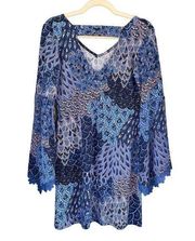 0961 Westport 1962 Boho Blue Feather Print Design Tunic Dress Size Small