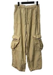 BDG Cargo Pants Size Large Tan Beige Womens Linen Blend Pull On Stretch Wide Leg