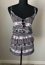 Eye Candy Spaghetti Strap Elephant Aztec Black/Pink Romper Small With Pockets