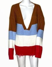 POL Sweater Womens Large Striped Brown Blue Oversized Distress Destroyed Grunge