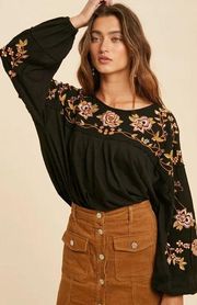 Black Floral Embroidered Balloon Sleeve Top