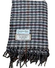 Christian Dior Scarf Wrap 100% Cashmere Fringed Hem Gingham Plaid Gray