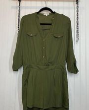 Miss Avenue Women Green Pleated Long Sleeve Pocket Button Romper Size L