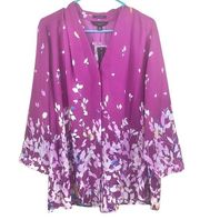 Investments Caroline Blouse Women 2X Floral 3/4 Sleeve Purple Button Up NWT