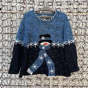 Vintage 90s Timberlea blue snowman ugly Christmas holiday sweater snowflakes