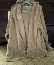 hem & thread oatmeal teddy bear fur hooded shawl color jacket cardigan OS