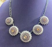 Ann Taylor Factory Pink Enamel & Crystal Flower Necklace Silvertone