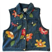 Vintage 90s Floral Embroidered Jean Vest Pastel Flower Size Large