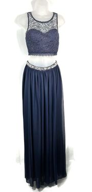 Navy Blue Two-Piece Metallic Lace Chiffon Bottom Formal Prom Dress 3