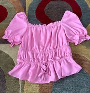 Pink Short Sleeve Peasant Ruffle Blouse Top Shirt Size Small Runs Short