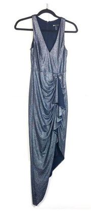 AIDAN MATTOX Silver Shimmer Navy Waterfall Draped High Low Midi V Neck Dress 0