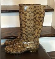 COACH Signature C Tan and Brown Rain Boots Size 8