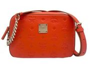 New MCM Logo Embossed Camera Orange Leather Crossbody Bag