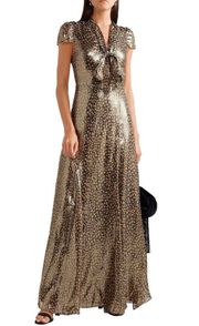 NWT  Roanne printed silk-blend lamé maxi dress Metallic Gold Gown.