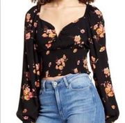 Leith floral Smocked Cropped blouse Boho Black Career Dressy Party S Night out