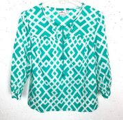 Vineyard Vines Diamond Lattice Tunic Blouse V-Neck Drawstring Tassel Green XS