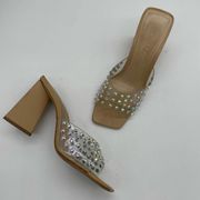 Lizah Nude Clear Rhinestone High Heel Sandals - 6.5