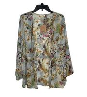 Kori Women's Top Boho Floral Print Kimono Open Front Long Sleeve  Medium NWT