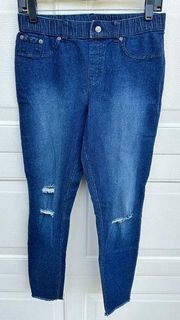 Hue Studio Mid-Rise Frayed Edge Denim Leggings Large Wash Size Medium NWT