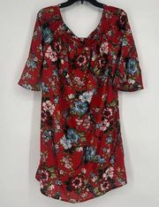 City Streets Red Floral Off The Shoulder Dress 3/4 Bell Sleeves Size L