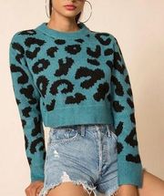 Superdown Veronica Cropped Leopard Sweater Teal 