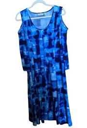 Susan Graver Womens Size Large Blue Watercolor Stretch Cold Shoulder Midi Dress