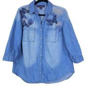 Gloria Vanderbilt Top Womens Large Butterfly Embroidered Chambray Button Down