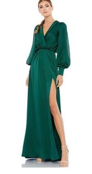 Bishop Sleeve Faux Wrap Gown Side Slit Button Cuff Emerald Green Sz 8