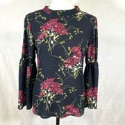 Loft navy pink and green floral long trumpet sleeve top size XSP