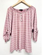 Adrienne Vittadini Shirt Womens Size 3X Pink Striped Pullover Roll Tab Sleeve