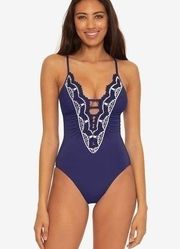 Becca Delilah Clare Plunge One-Piece in a navy blue color.