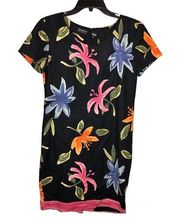 Liz Claiborne Vintage Tropical Floral Button Back Linen Blend Dress Black 4