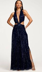 NEW NWT  Selena Navy Sequin Cutout Maxi Gown