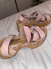 Pink Leather Heeled Wooden Clogs