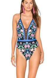 Nanette Lepore Swimsuit Goddess Damask Floral Black/Blue One Piece Bathing Suit