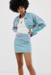 NWT  Houndstooth Belted Mini Denim Skirt Pink Teal Academia Pastel M