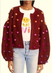 Farm Rio burgundy cardigan with balloon sleeves and rainbow Pom Poms L NWOT