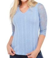 NEW NWT PETER NYGARD 3/4 Lace Sleeve Hi-Lo High Low V-Neck Rayon Top Blue Small