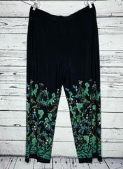 Susan Graver Size 1X Black - Green & Blue Floral Print Liquid Knit Pull On Pants