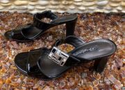 BRIGHTON Black Patent Leather Rouge Open Toe Slide Sandal w/Side Buckle 7M. EUC!