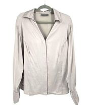 Kate Hill Womens Silk Blend Satin Long Sleeve Button Down Blouse Silver Size 18W