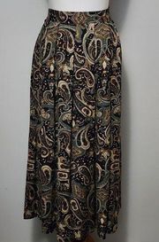 Vintage Sag Harbor Black Dramatic Paisley Pleated Midi Skirt Size Large